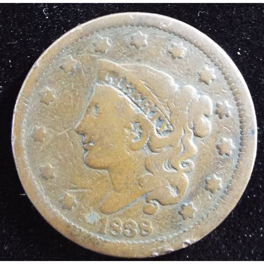 1838 Matron Head Large Cent obverse early U.S. copper coin