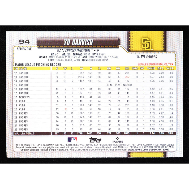 2026 Topps Celebration Yu Darvish #94 Confetti Foil – Near Mint