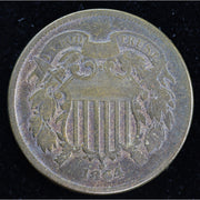 Reverse of dark-toned 1864 United States Two Cent Piece showing 2 CENTS within wreath