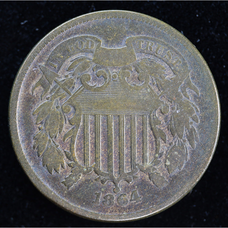 Reverse of dark-toned 1864 United States Two Cent Piece showing 2 CENTS within wreath