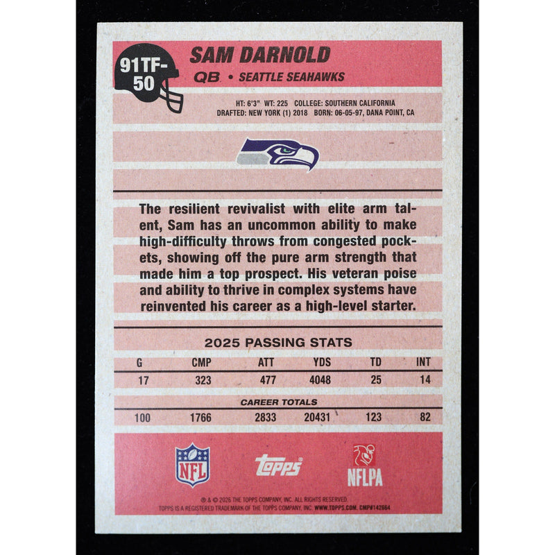 2026 Topps Flagship Sam Darnold 91TF-50 Crackle Foil Football back