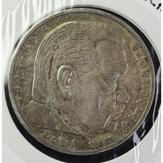 1939 F Germany 5 Reichsmark KM 94 silver coin obverse