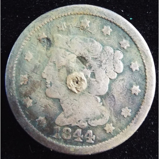 1844 Braided Hair Large Cent obverse drilled early U.S. copper coin
