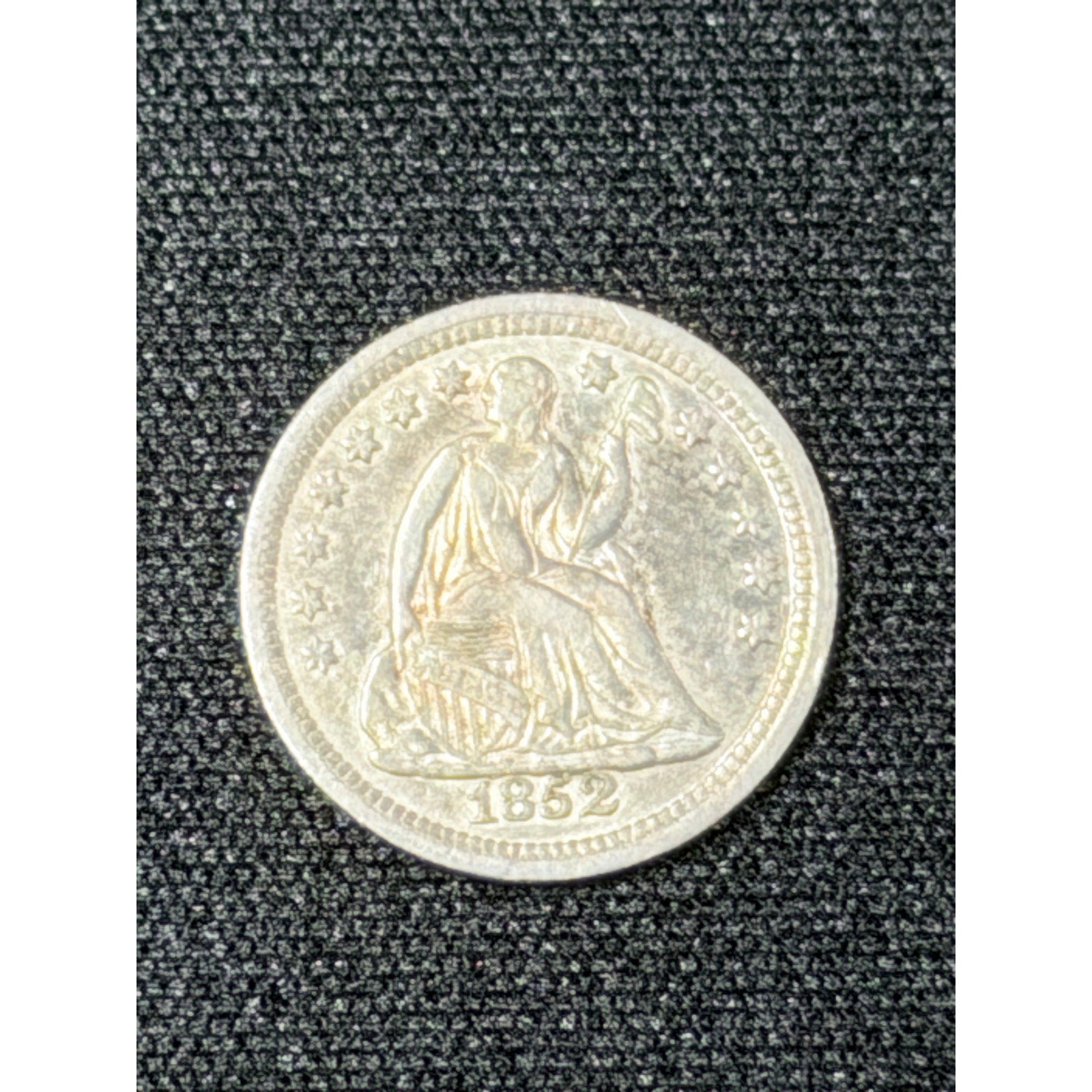 1852 Seated Liberty Half Dime obverse VF AU silver coin
