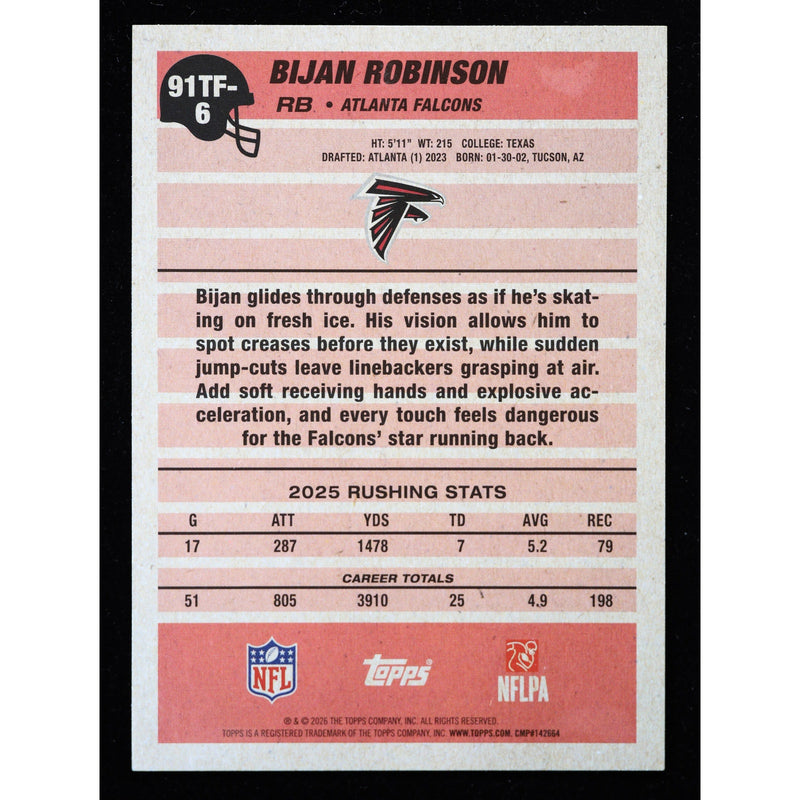 2026 Topps Flagship Bijan Robinson 1991 Topps 91TF-6 Football back