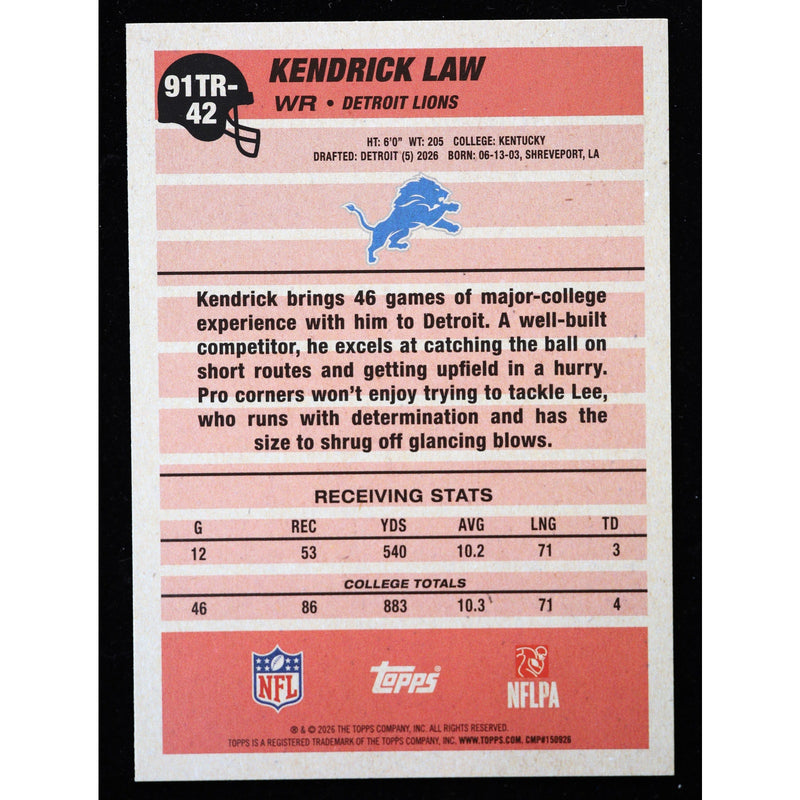 2026 Topps Flagship Kendrick Law RC 1991 Topps 91TR-42 Football back