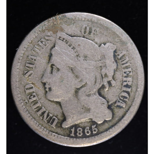 1865 Three Cent Nickel Civil War Era US Coin Better Detail