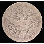 Reverse of 1903-S Barber half dollar showing heraldic eagle and S mintmark, exact raw silver coin