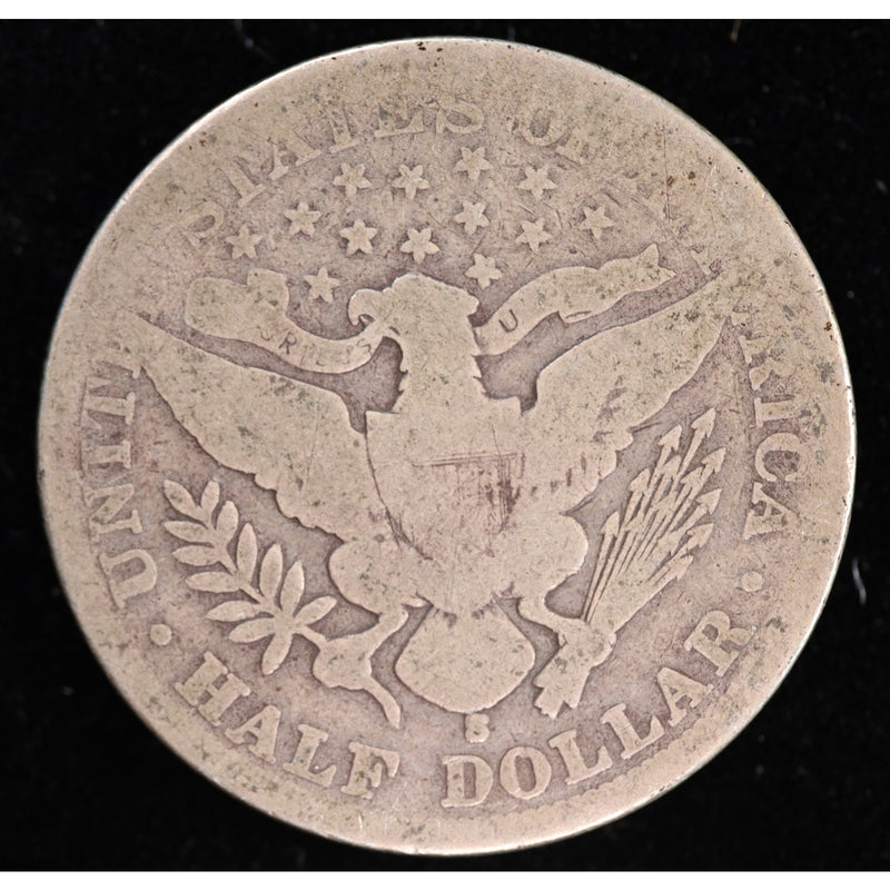 Reverse of 1903-S Barber half dollar showing heraldic eagle and S mintmark, exact raw silver coin