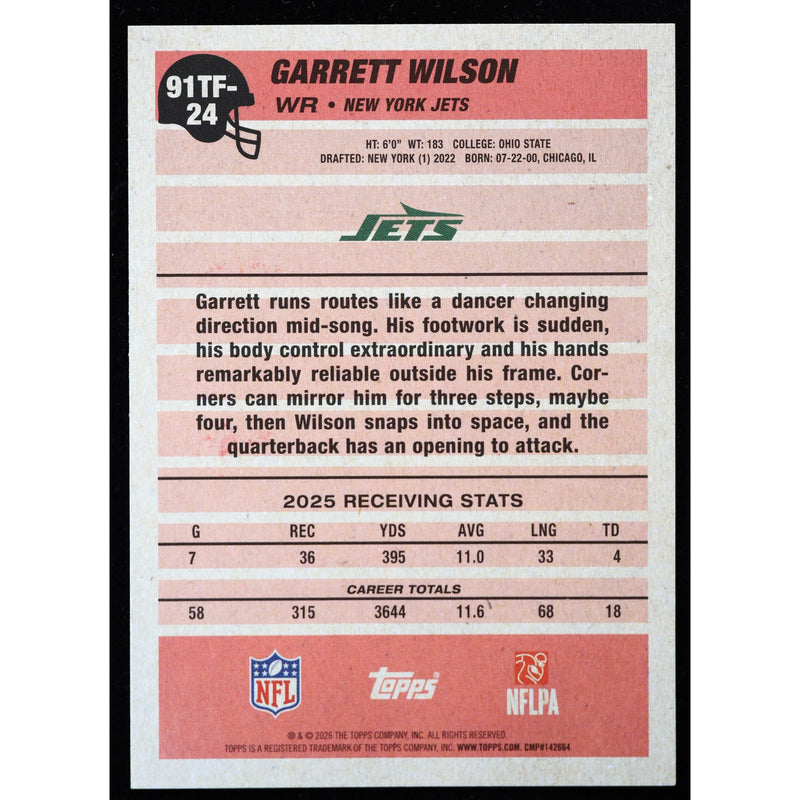 2026 Topps Flagship Garrett Wilson 1991 Topps 91TF-24 Football back