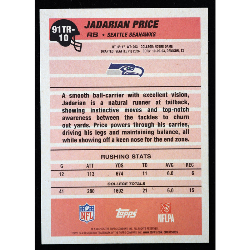 2026 Topps Flagship Jadarian Price RC 1991 Topps 91TR-10 Football back