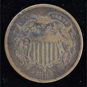 Reverse of 1864 United States Two Cent Piece showing 2 CENTS within wreath, exact raw coin