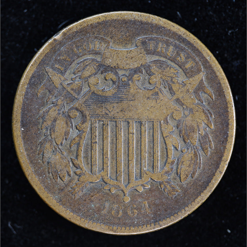 Reverse of 1864 United States Two Cent Piece showing 2 CENTS within wreath, exact raw coin