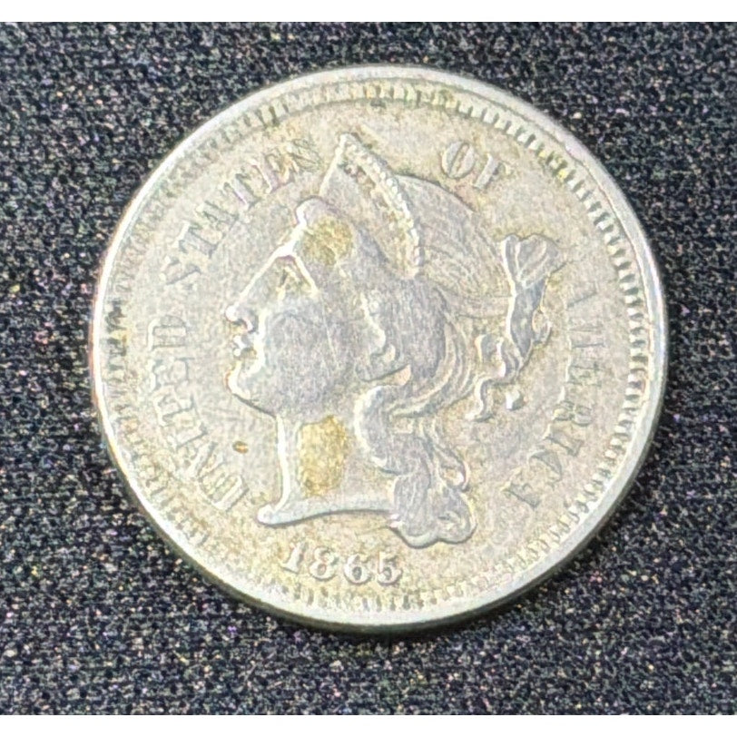 1865 Three Cent Nickel obverse VF detail early 3CN coin