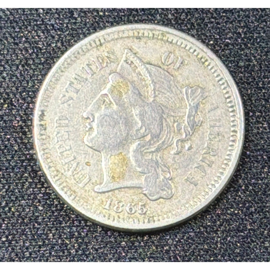 1865 Three Cent Nickel obverse VF detail early 3CN coin