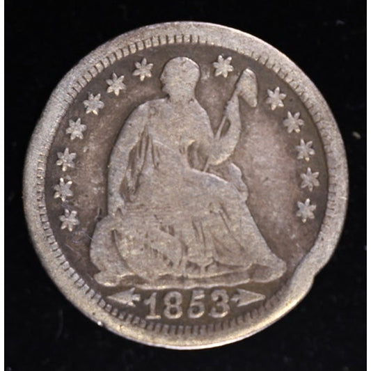 1853 Arrows Seated Liberty Half Dime 90 Percent Silver Coin Obverse