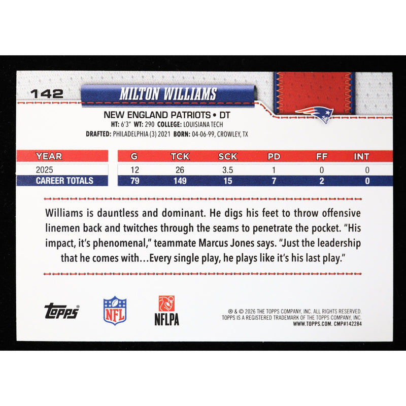 2026 Topps Flagship Milton Williams #142 Football Leather Foil back