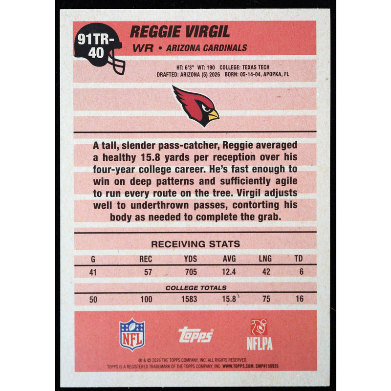 2026 Topps Flagship Reggie Virgil RC 1991 Topps 91TR-40 Football back