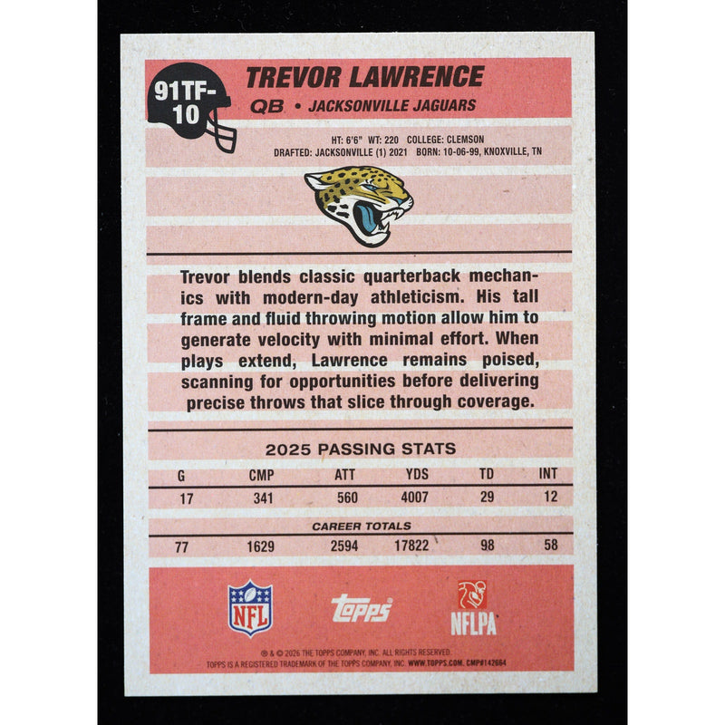 2026 Topps Flagship Trevor Lawrence 1991 Topps 91TF-10 Football back