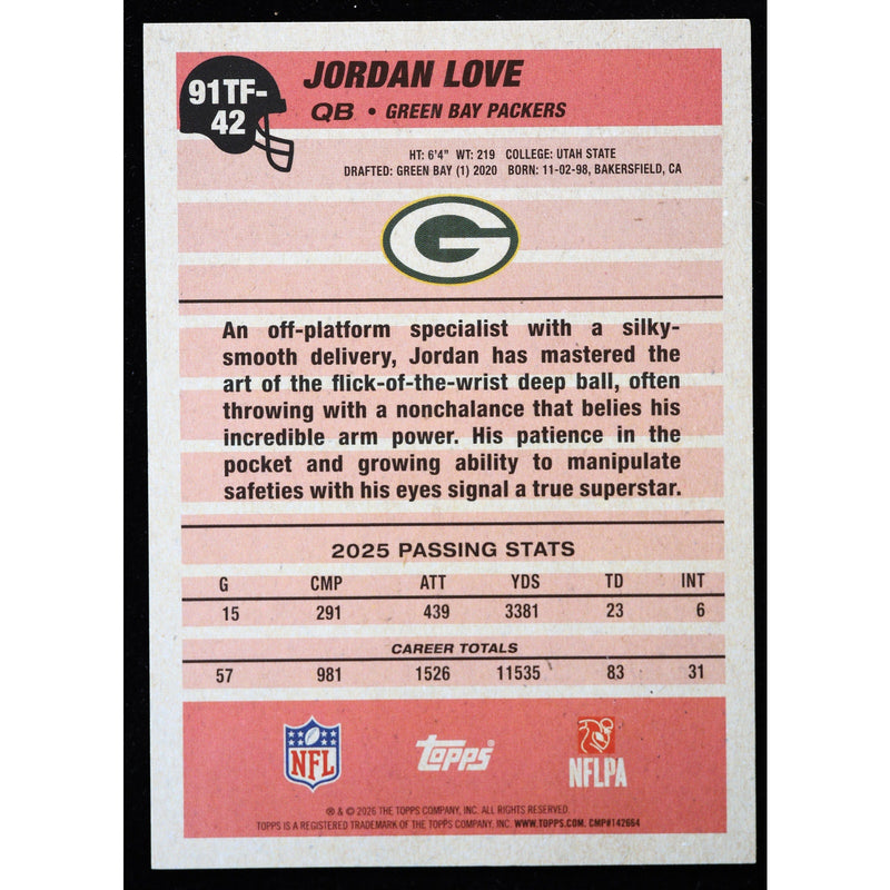 2026 Topps Flagship Jordan Love 1991 Topps 91TF-42 Football back