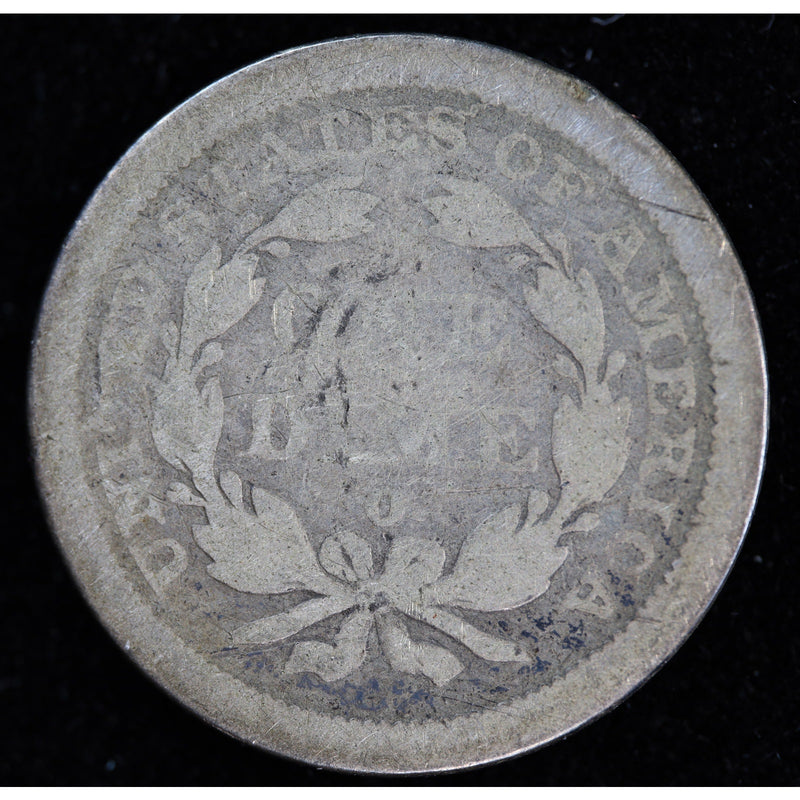 Reverse of 1843-O Seated Liberty dime showing ONE DIME wreath and O mintmark, exact raw silver coin