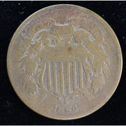 Reverse of 1864 United States Two Cent Piece showing 2 CENTS, wreath, wear, and verdigris