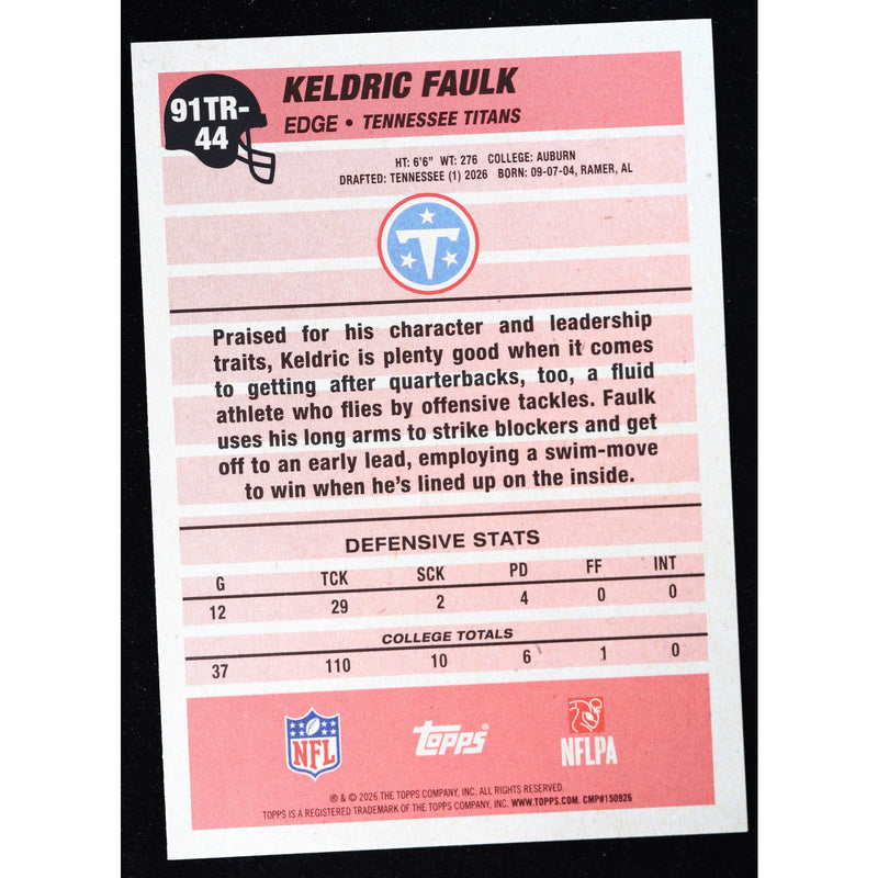 2026 Topps Flagship Keldric Faulk RC 1991 Rookie 91TR-44 — Near Mint