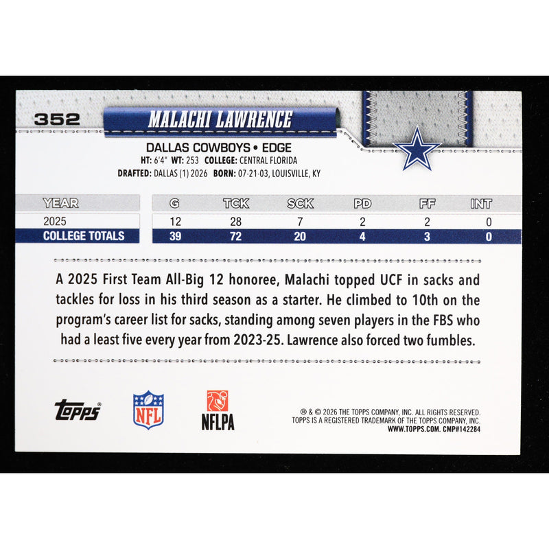 2026 Topps Flagship Malachi Lawrence RC #352 Football Leather Foil back