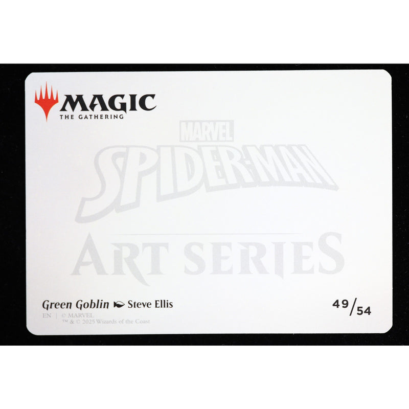 White identification back of Green Goblin Art Card 49/54 by Steve Ellis, exact item shown.