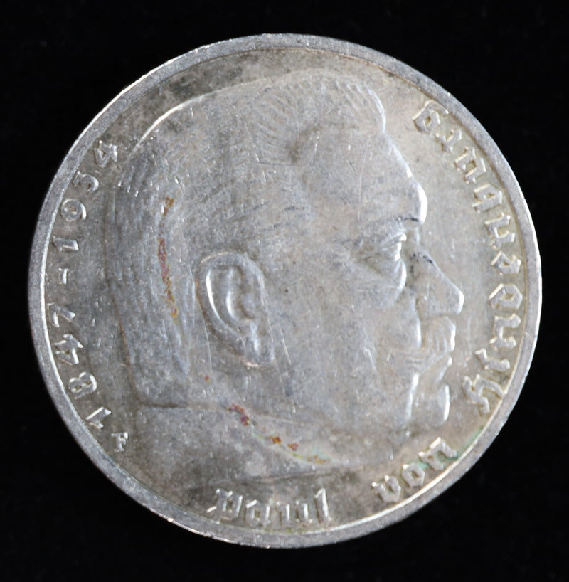 1939 F Germany 5 Reichsmark KM 94 silver coin Obverse