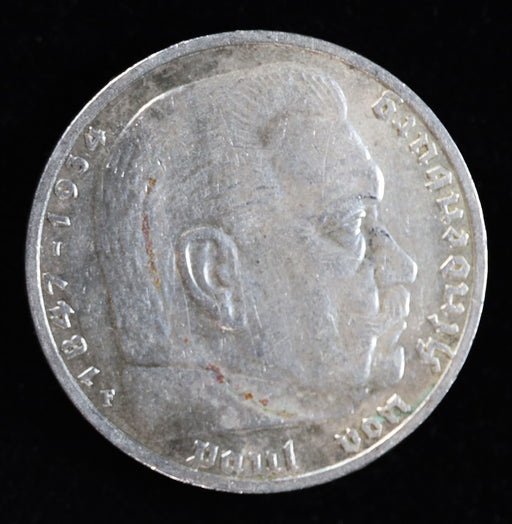1939 F Germany 5 Reichsmark KM 94 silver coin Obverse