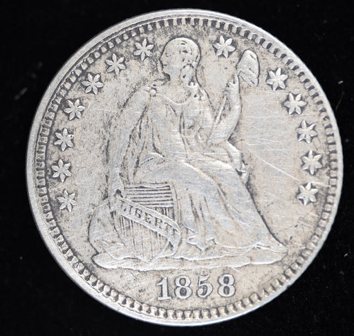 1858 Seated Liberty Half Dime obverse XF detail silver coin