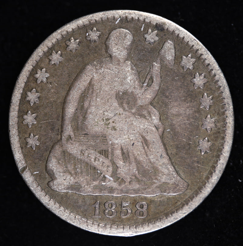 1858 Seated Liberty Half Dime obverse early silver coin
