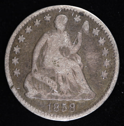 1858 Seated Liberty Half Dime obverse early silver coin
