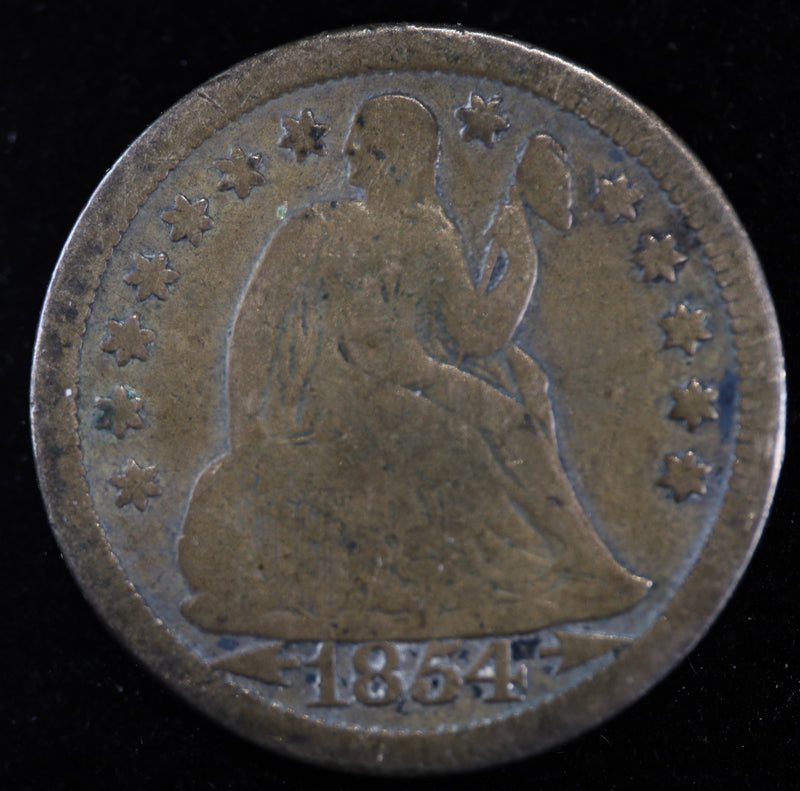 1854 P Arrows Seated Liberty Dime obverse early silver coin