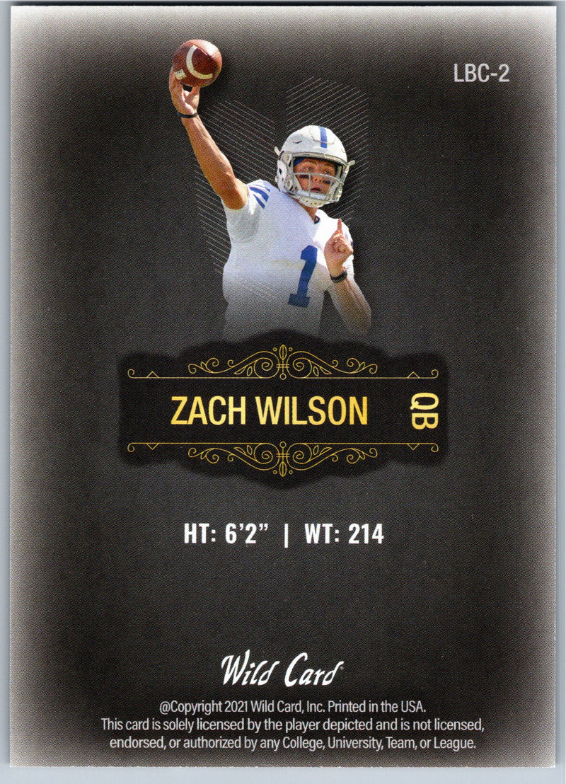2021 Wild Card MATTE Zach Wilson LBC-2 Black football card back