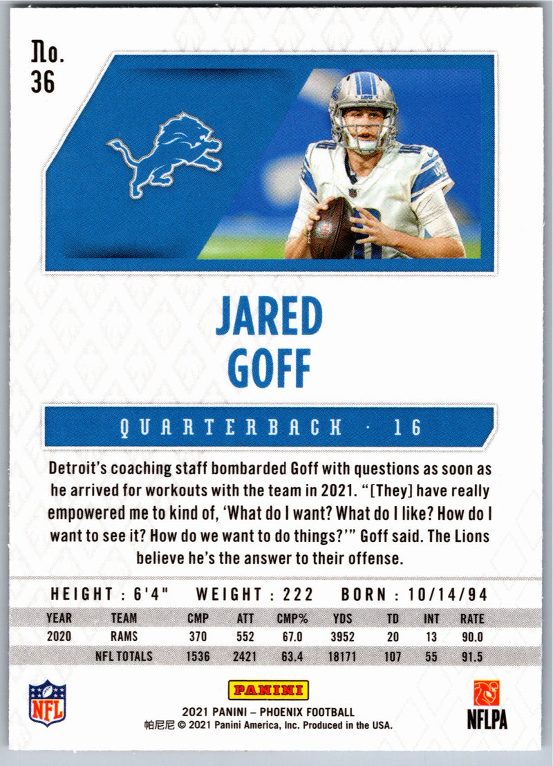 2021 Panini Phoenix Jared Goff #36 Fire Burst football card back