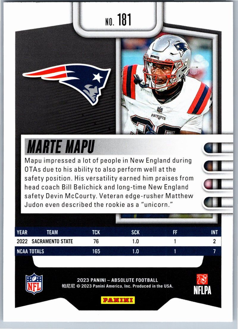 2023 Panini Absolute Marte Mapu #181 RC football card back