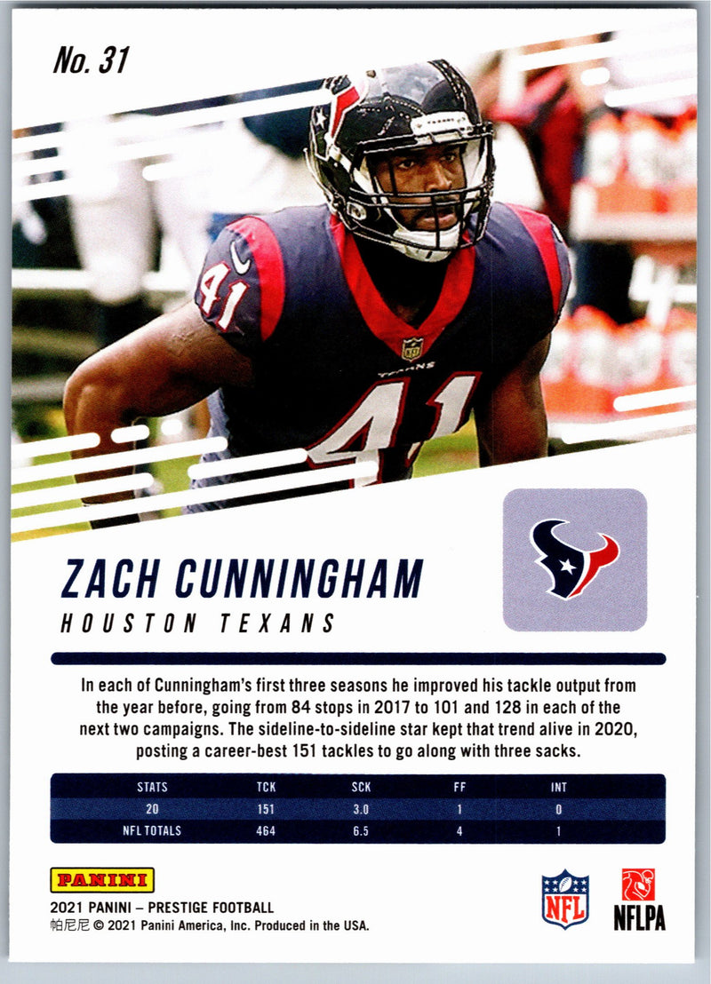2021 Panini Prestige Zach Cunningham #31 football card back