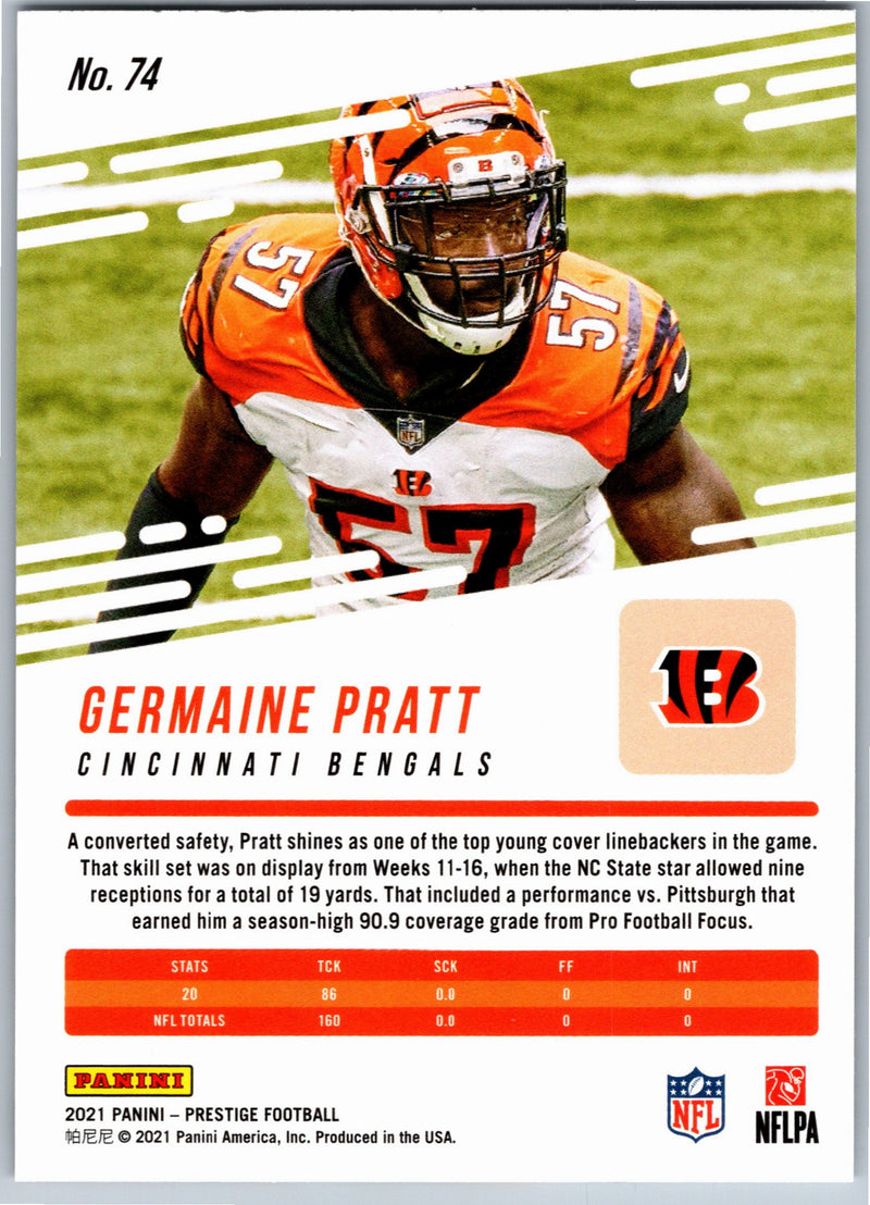 2021 Panini Prestige Germaine Pratt #74 football card back