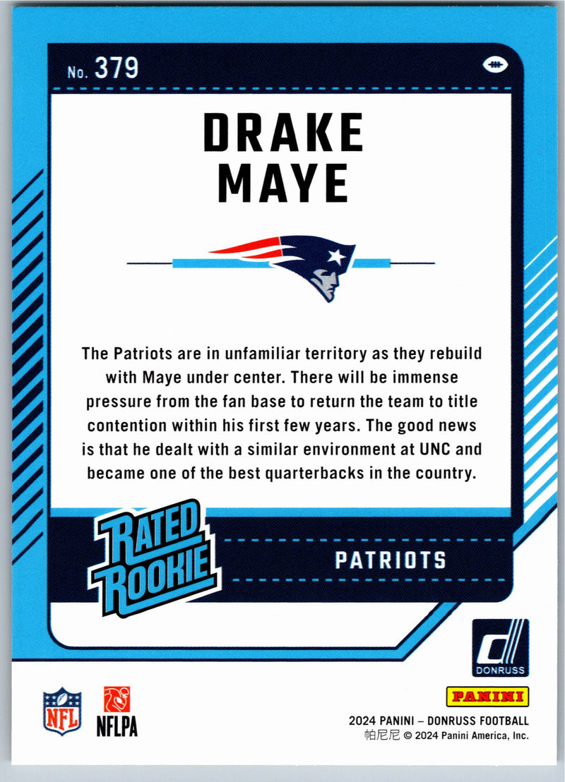 2024 Donruss Drake Maye #379 Rated Rookie Yellow Press Proof football card back