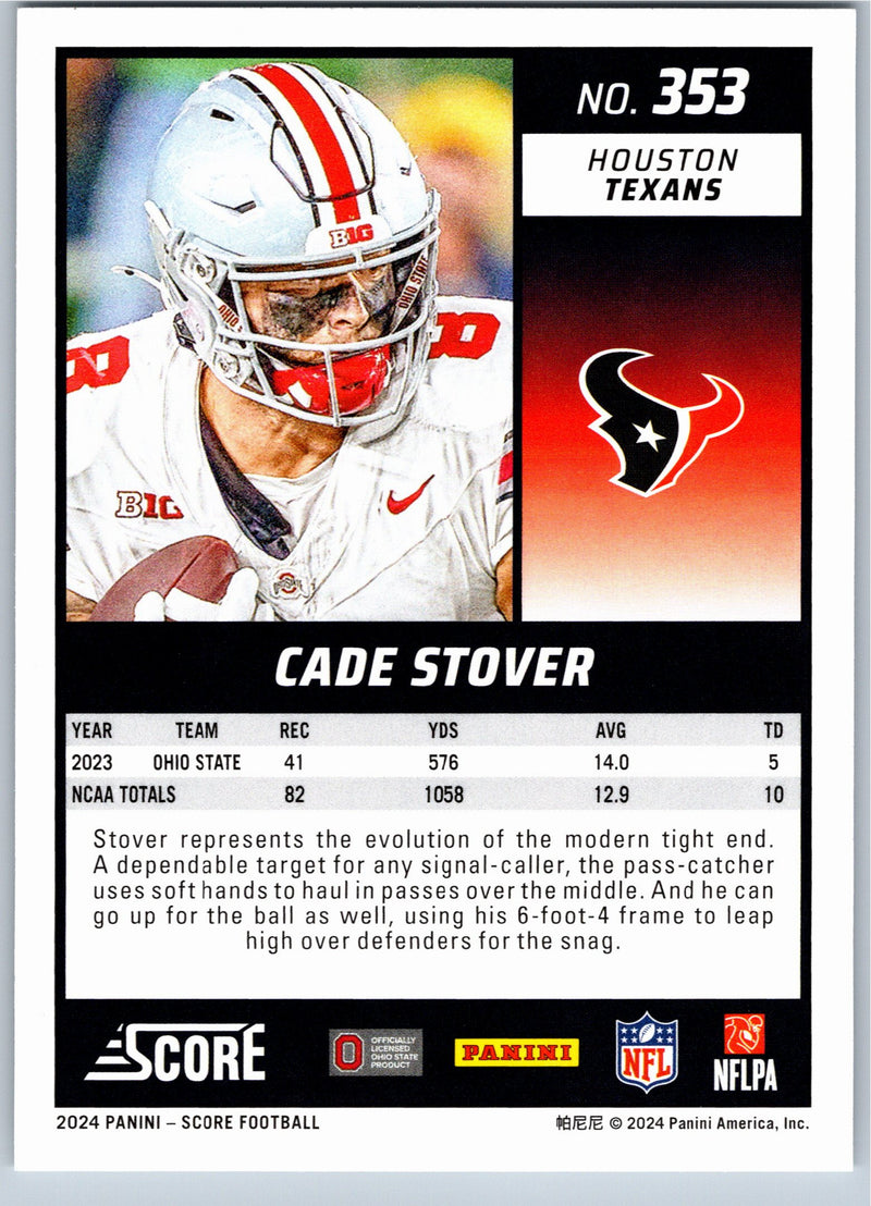 2024 Score Cade Stover #353 RC football card back