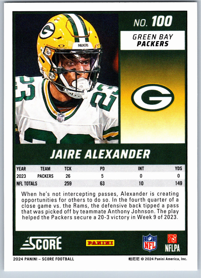 2024 Score Jaire Alexander #100 football card back