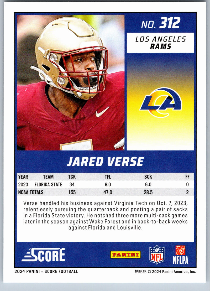 2024 Score Jared Verse #312 RC football card back