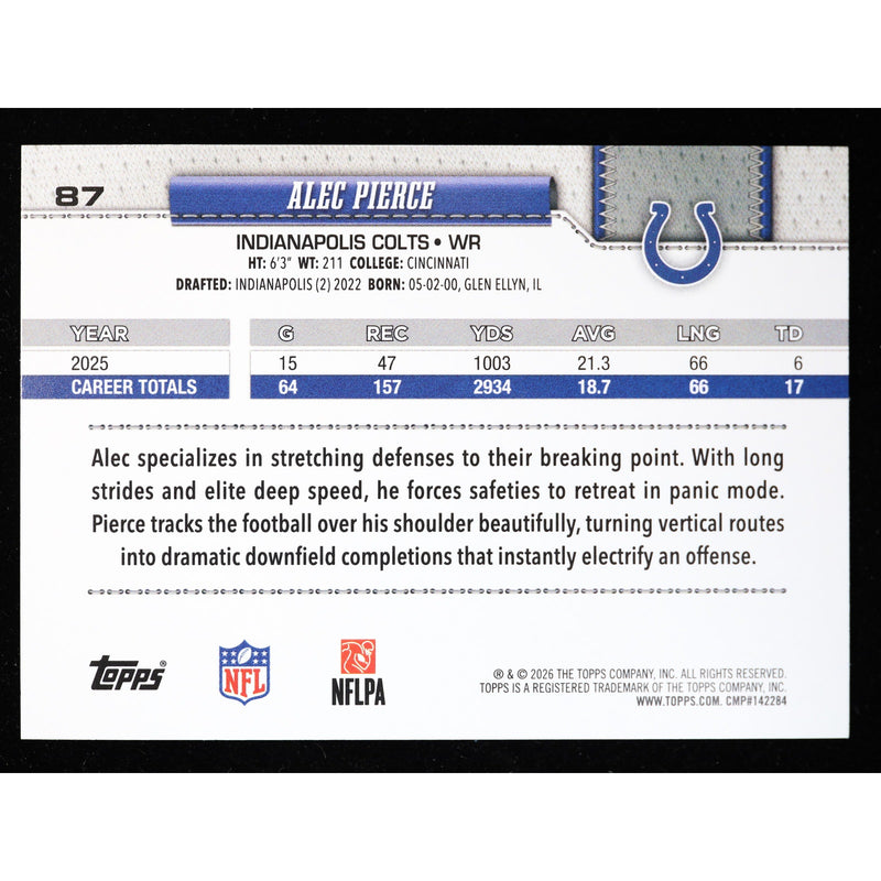 2026 Topps Flagship Alec Pierce #87 Silver Crackle Foil Colts Football back