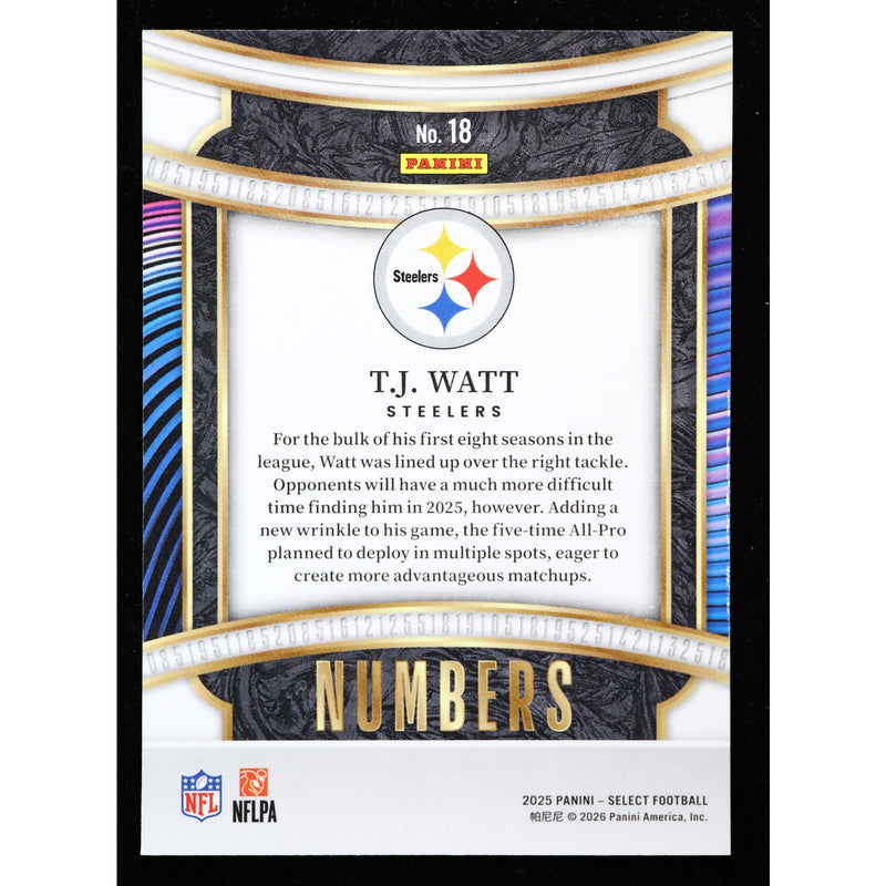 2025 Panini Select Numbers T.J. Watt #18 Steelers Football Card back