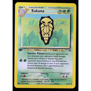 A single Pokémon trading card featuring Kakuna, a Stage 1 Pokémon. The card has a yellow border, a green and blue illustrated background, and a black-and-gold owl icon in the center.