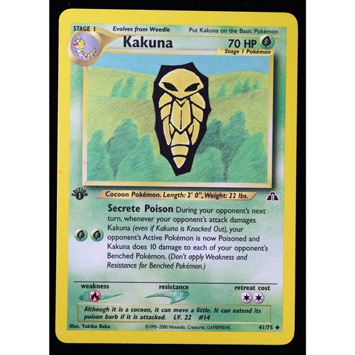 A single Pokémon trading card featuring Kakuna, a Stage 1 Pokémon. The card has a yellow border, a green and blue illustrated background, and a black-and-gold owl icon in the center.