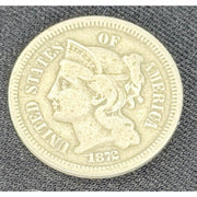 1872 Three Cent Nickel 3CN obverse VF better date coin