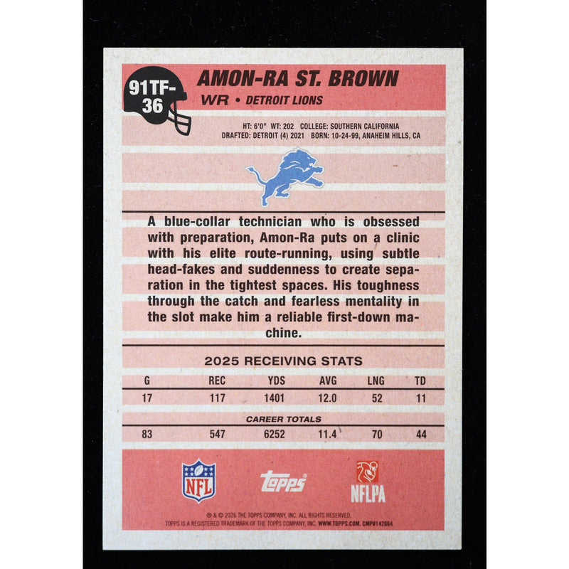 2026 Topps Flagship Amon-Ra St. Brown 1991 Topps 91TF-36 Football back